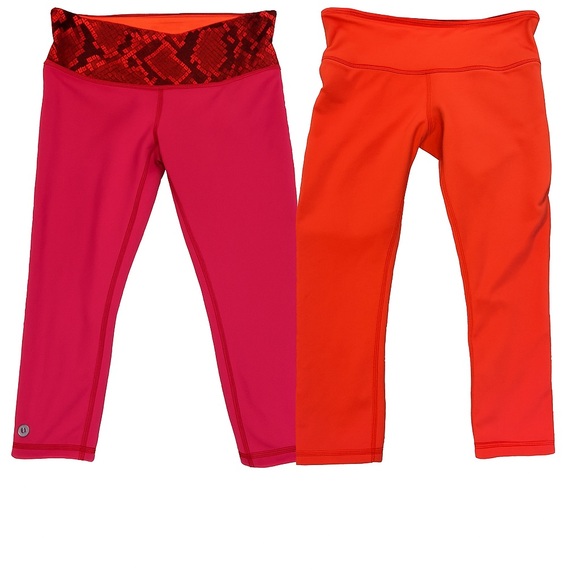 Reversible Lululemon Wunder Under Leggings 6 Red Snake Print & Solid Coral Capri - Picture 1 of 9